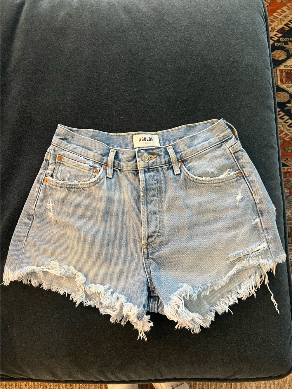 Agolde Light Wash Distressed Frayed Hem Denim Shorts
